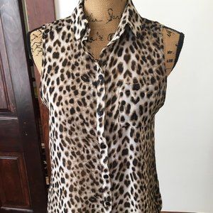 Topshop Leopard Print Sleeveless Button-Up Open Back Cutout Shirt
